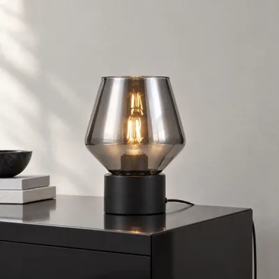 Image de LUSENZ - Lampe de table Aureta verre fumé pied métal noir IP20 E27