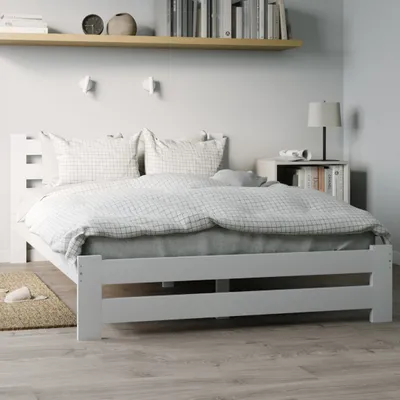 Produktbild von Holzbett 120x200 cm mit Lattenrost Modern Bett Bed Kiefer Massiv Bettgestell Einzelbett Massivholzbett Klassisch | Komfortabel & Langlebig | Skandinavisch Boho Landhaus Kopfteil hoch weiß