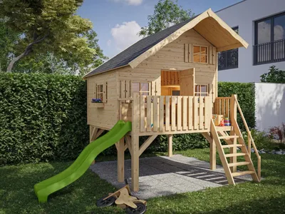 Produktbild von Stelzenhaus Tom XL 15 mm naturbelassen inkl. Veranda, Stelzen und Rutsche grün