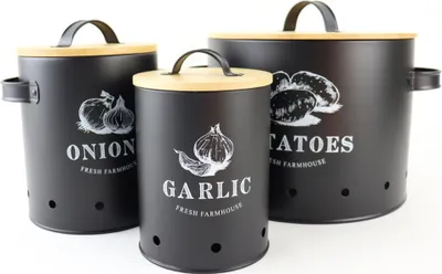 Produktbild von "OTIX Vorratsgläser mit Deckel Schwarz Set von 3 Knoblauchtopf Zwiebeltopf Kartoffelbehälter Metall"