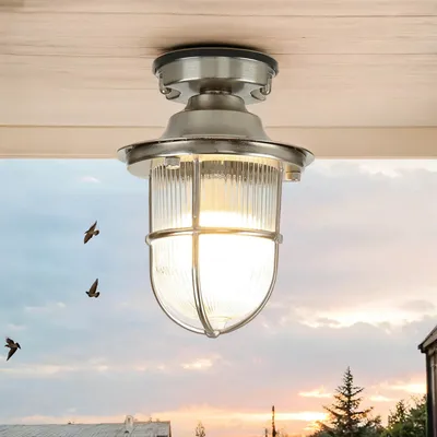 Immagine prodotto di Plafoniera da esterno in ottone vetro scanalato E27 H: 23 cm Ø 16 cm piccola casa marittima ingresso lampada da esterno