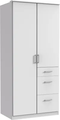 Produktbild von Kleiderschrank "Click" aus Spanplatte in Weiß mit 3 Schubladen und 2 Türen. Abmessungen (B/H/T) 90x198x58 cm