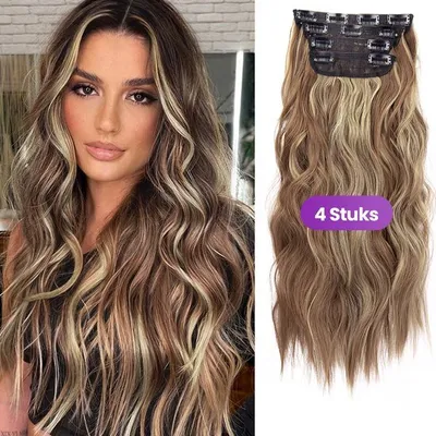 Produktbild von SassyGoods® Vlasy - Clip-In Extensions - Sada 4 Vlásové prodloužení - Hnědé Blond Vlasy - Vlnité Prodlužování vlasů - 50 cm