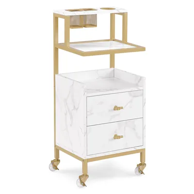 A white and gold rolling trolley with two drawers and two shelves.