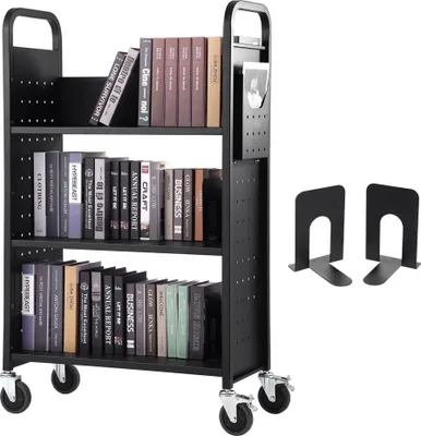 Produktbild von Bibliothekswagen - 790 x 385 x 1250 mm Abräumwagen - 3 Regale Bücherwagen aus Kohlenstoff- und kaltgewalztem Stahl Servierwagen - 150 kg Gewichtskapazität (50 kg pro Regal) inkl. 2 Buchstützen