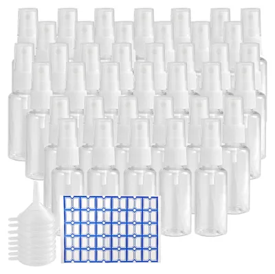 Produktbild von 40 Stück 30 ml transparente Kunststoff Sprühflaschen, leere feine Nebel Sprühflaschen mit Trichtern und Etiketten, Reisegröße, Kunststoff Sprühflasche, Make-up, Reinigung