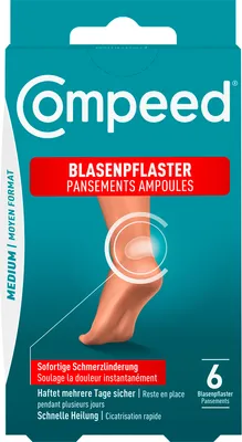 The image shows the packaging of Compeed Blasenpflaster Medium.