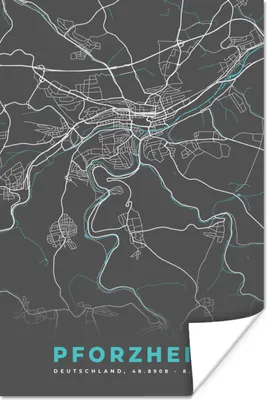 Produktbild von MuchoWow® Poster Stadtplan - Karte - Pforzheim - Blau - Deutschland - Karte 120x180 cm - Kunstposter