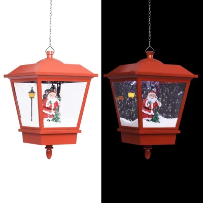 A split image showing a red Christmas lantern with a Santa Claus figurine inside. The left side has a white background, and the right side has a black background, simulating day and night.