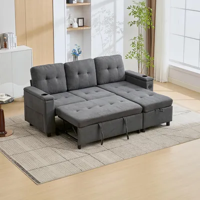 Image de okwish Canapé lounge 3 places avec fonction lit, canapé multifonction avec porte-gobelets et poches de rangement, canapé d'ambiance avec LED, gris