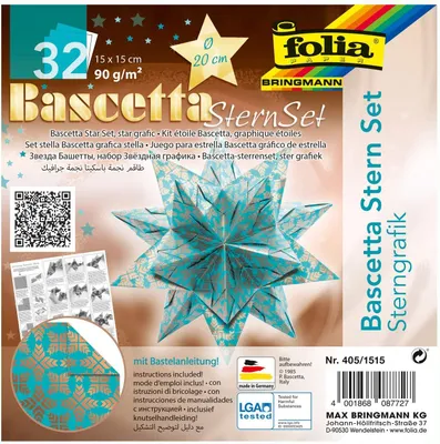 Produktbild von folia 405/1515 - Bastelset Bascetta Stern Sterngrafik türkis/kupfer, 32 Blatt, 15 x 15 cm, fertige Größe des Papiersterns ca. 20 cm, mit ausführlicher Anleitung - ideal zur zeitlosen Dekoration