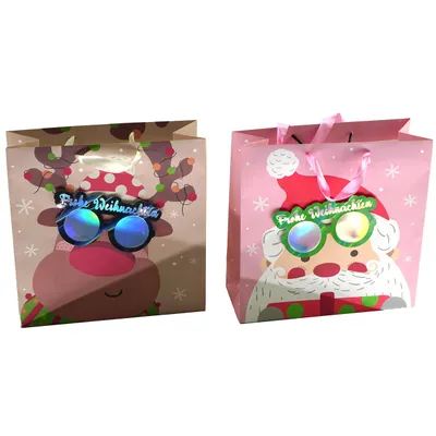 Produktbild von 12 x Geschenktüte mit 3-D-Brille - 25 x 25 x 10 cm Geschenktaschen Weihnachten Weihnachtstüten witzig - Lustige Geschenktasche für Weihnachten
