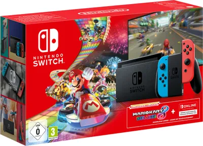 Produktbild von Nintendo Switch Neon-Rot/Neon-Blau inkl. Mario Kart 8 Deluxe Downloadcode + 3 Monate Nintendo Shop Online Mitgliedschaft