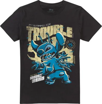 Productafbeelding van Lilo & Stitch - T-shirt met "Trouble"-print, uni, voor heren/dames, TV19902 (maat L) (zwart)