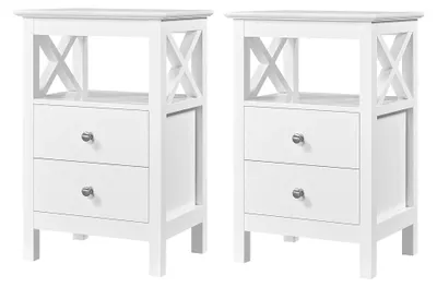 Produktbild von 2er Set Nachttisch mit 2 Schubladen und 1 Offenen Ablagefach, X-förmige Stütze, Beistelltisch aus Holz für Schlafzimmer, 40 × 30 × 60 cm, Weiß