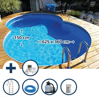 Produktbild von Stahlwandpool Set (10-teil) tief achtform Costa-Rica 625x360x150cm, Stahl 0,8mm weiß Folie 0,6mm bl.