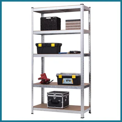 A metal shelving unit with various items stored on its shelves.