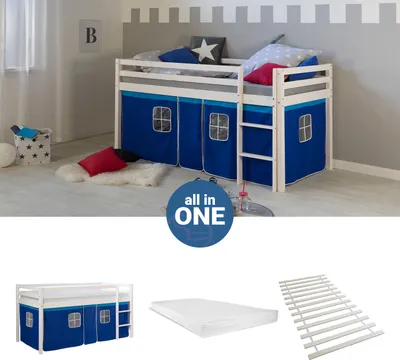 Produktbild von Homestyle4u Hochbett 90x200 mit Matratze Vorhang Blau Kinderbett Weiß Holz Kiefer Massiv Jugendbett Lattenrost