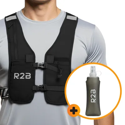 Produktbild von R2B Laufweste mit Soft Flask 250 ml, Staufächern, Einheitsgröße. Laufweste und Trinkflasche für das Laufen, Laufrucksack für Marathon, faltbare Wasserflasche