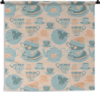 Produktbild von MuchoWow® Wandteppich Wandbehang Muster - Vintage - Tasse - Tee 150x150 cm Tapisserie Dekoration Wandtuch - Wohnaccessoires - Modernes