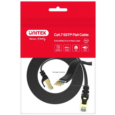 The image shows the packaging of a black Cat.7 SSTP flat network cable with gold-plated RJ45 connectors.