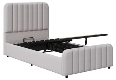 Produktbild von Flieks Hydraulisches Polsterbett 90x200cm mit Stauraum, Jugendbett Kinderbett mit gepolstertem Kopfteil, Stauraumbett mit Lattenrost, Leinen, Grau