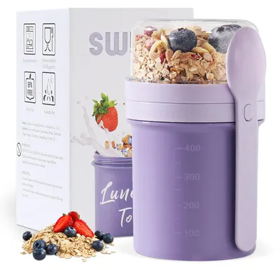Productafbeelding van Müsli-beker voor onderweg - Lekdicht met lepel - Geschikt voor yoghurt en muesli - 450 ml + 250 ml - Lila kleur