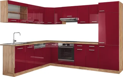 Produktbild von Eckküche Vicco R-Line Rot Hochglanz/Goldkraft Eiche 287 x 46 cm ohne Arbeitsplatte, Model 37156