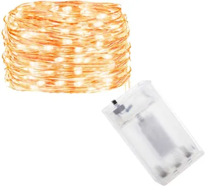 A coiled string of orange LED lights with a clear battery pack.