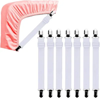 Produktbild von 8x Verstellbare Bettlakenbänder mit Metallclips, Elastische Spanner für Bettlaken, Faltenfreier Bettlakengreifer für Bettlaken, Matratzen, Bügelbrett oder Sofa, Bettausstattung (Weiß)