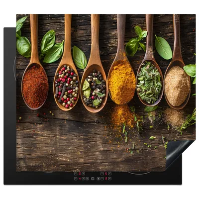 Produktbild von KitchenYeah© Herdabdeckplatte Löffel - Kräuter - Gewürze - Holz , 59x52cm, Küche Deko, Glaskeramikkochfeld Herdabdeckung, Abdeckplatte fùr Kochfeld