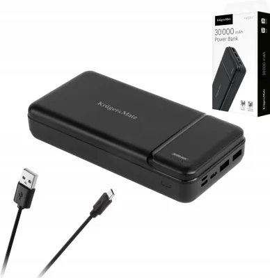 Zdjęcie produktu dla Power bank Kruger und Matz, 30000 mAh, 2 porty USB, port USB-C, adapter Micro USB, adapter Lightning, dioda LED, kolor: czarny