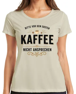 Immagine prodotto di Maglietta da donna con scritta "Per favore, non parlatemi prima del primo caffè", stile sarcastico, taglia M