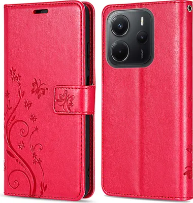 A red flip case for a Xiaomi Redmi Note 14 5G phone, shown open and closed.