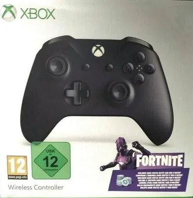 The image shows the packaging of an Xbox Wireless Controller with a Fortnite theme. The controller is prominently displayed on the front of the box, along with branding and game-specific graphics.