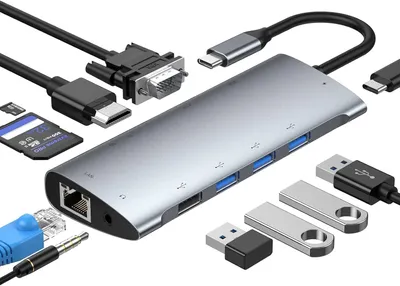 Produktbild von 11-in-1-USB-C-Hub mit 4K-HDMI, VGA, 100-W-Stromversorgung, 3x USB 3.0 USB-Adapter USB-C zu USB-C