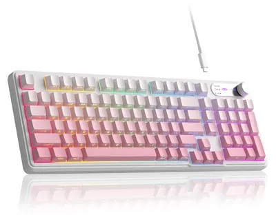 Produktbild von 95% Gaming Tastatur RGB kabelgebunden, 98 Tasten Membran Keyboard mit Lautstärke-Regler, Side Printed Keycaps weiß-pink