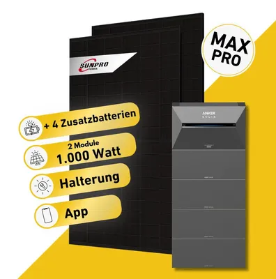Produktbild von Balkonstrom Balkonkraftwerk 1000W mit Speicher | 4xZusatzspeicher | Biberschwanzdachhalterung | 2xSolarmodul Bifazial | Anker Solix 3 Pro |Kabel 3m