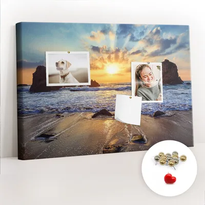Obrázek produktu pro Korková nástěnka s kolíčky - Tabule s kolíky pro fotografie a poznámky - 60x40 cm - Připínáčky kovové 100 kusů -