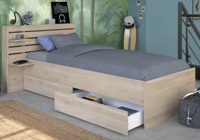 Produktbild von Stauraumbett "Escale" Einzelbett in Eiche, Bett mit Bettschubladen 90 x 200 cm