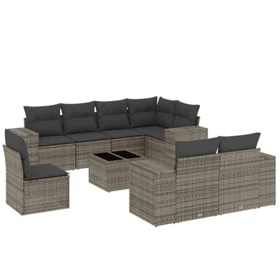 Produktbild von vidaXL 9-tlg. Garten-Sofagarnitur mit Kissen Grau Poly Rattan
