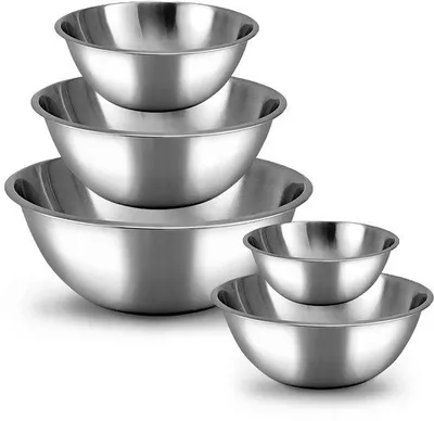 Image de Ensemble de 5 bols mélangeurs en acier inoxydable Ibzoa® pour la cuisine et la pâtisserie – 700 ml, 900 ml, 1,4 L, 2,8 L, 4,7 L, empilables, sans couvercles