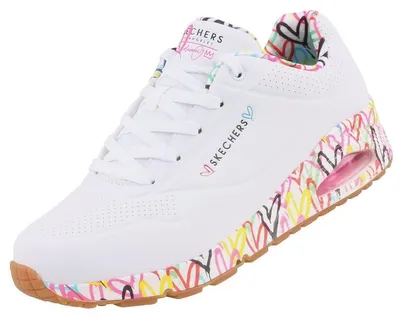 Produktbild von Skechers Damen UNO Loving Love Sneakers, White Durabuck Multi Colored Mesh Trim,