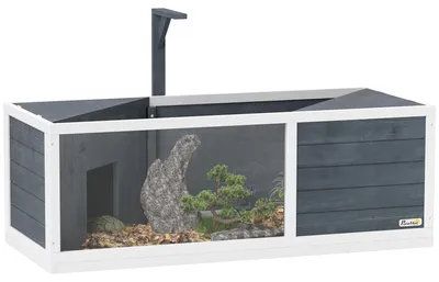 Produktbild von PawHut Schildkrötenhaus aus Holz, Schildkrötengehege mit zwei Haupthäusern, Grau
