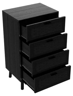 Obrázok produktu pre Komoda – 4 zásuvky – vzhľad ratanu – nohy z kaučukového dreva – MDF – 50 x 40 x 95 cm – čierna