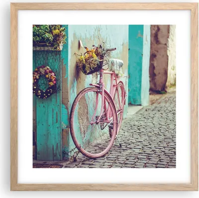 Produktbild von Gerahmtes Poster - Rahmen in heller Eiche - Rosa Fahrrad Vintage - 40x40 cm - Wand Bild - Wanddeko - Wandbilder - Kunstposter - Wandposter - Bilderrahmen - Bilder - Kunstdruck - P2NAC40x40-4471