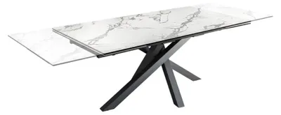 Produktbild von Esstisch ausziehbar PETRANO 180-220-260 cm – Keramik in Weißer Marmoroptik und schwarzes Metall