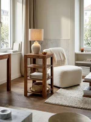 Produktbild von Standregal MUMBAI Massiv-Holz Sheesham 80 cm Wohnzimmer-Regal mit 3 Ablagefächer Design Landhaus-Stil Beistelltisch