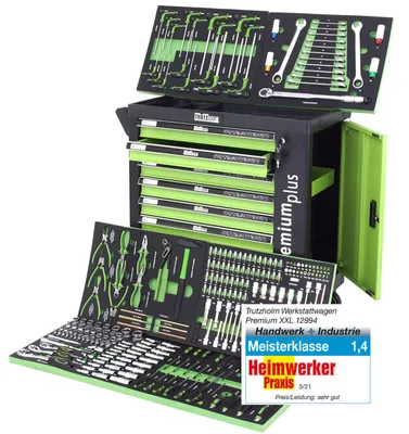Produktbild von TRUTZHOLM Werkstattwagen Premium Plus 254-tlg. – bestückt, 7 Schubladen, abschließbar, Grün