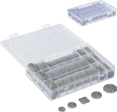 Image de Patins en feutre adhésifs Relaxdays, lot de 272, patins ronds et carrés pour meubles, protection anti-rayures, avec boîte, feutre adhésif pour meubles, gris